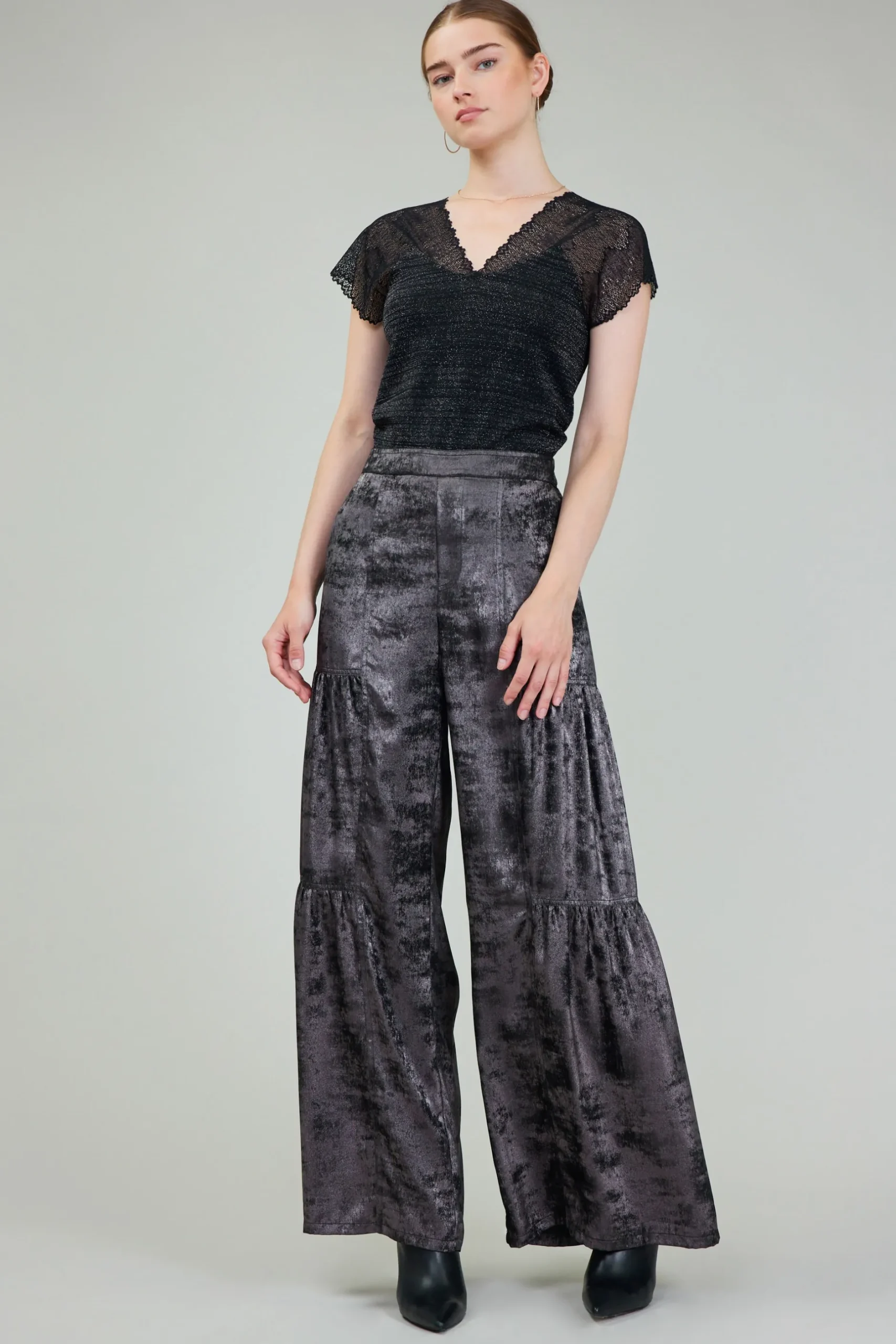 Pants-Current Air Opalescent Textured Tiered Pants PLUMGUNMETAL