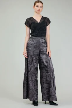 Pants-Current Air Opalescent Textured Tiered Pants PLUMGUNMETAL