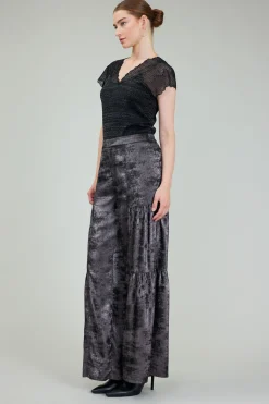 Pants-Current Air Opalescent Textured Tiered Pants PLUMGUNMETAL
