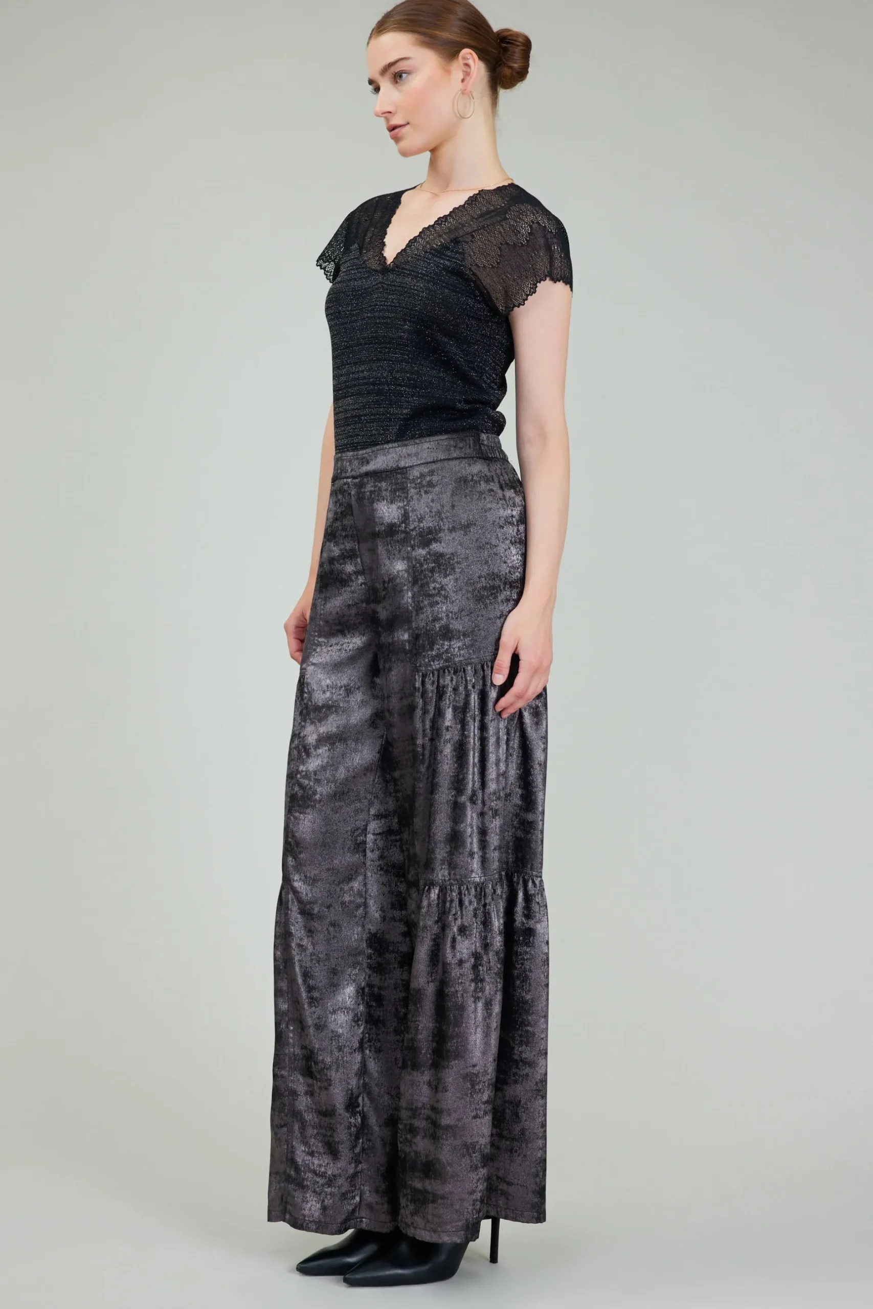 Pants-Current Air Opalescent Textured Tiered Pants PLUMGUNMETAL