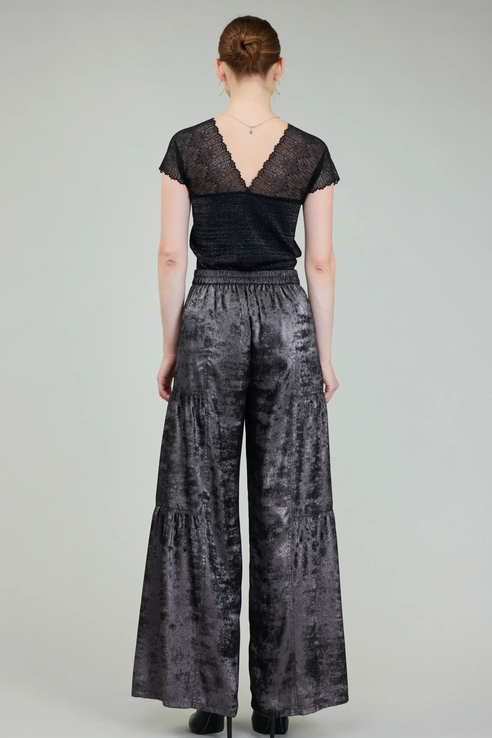 Pants-Current Air Opalescent Textured Tiered Pants PLUMGUNMETAL
