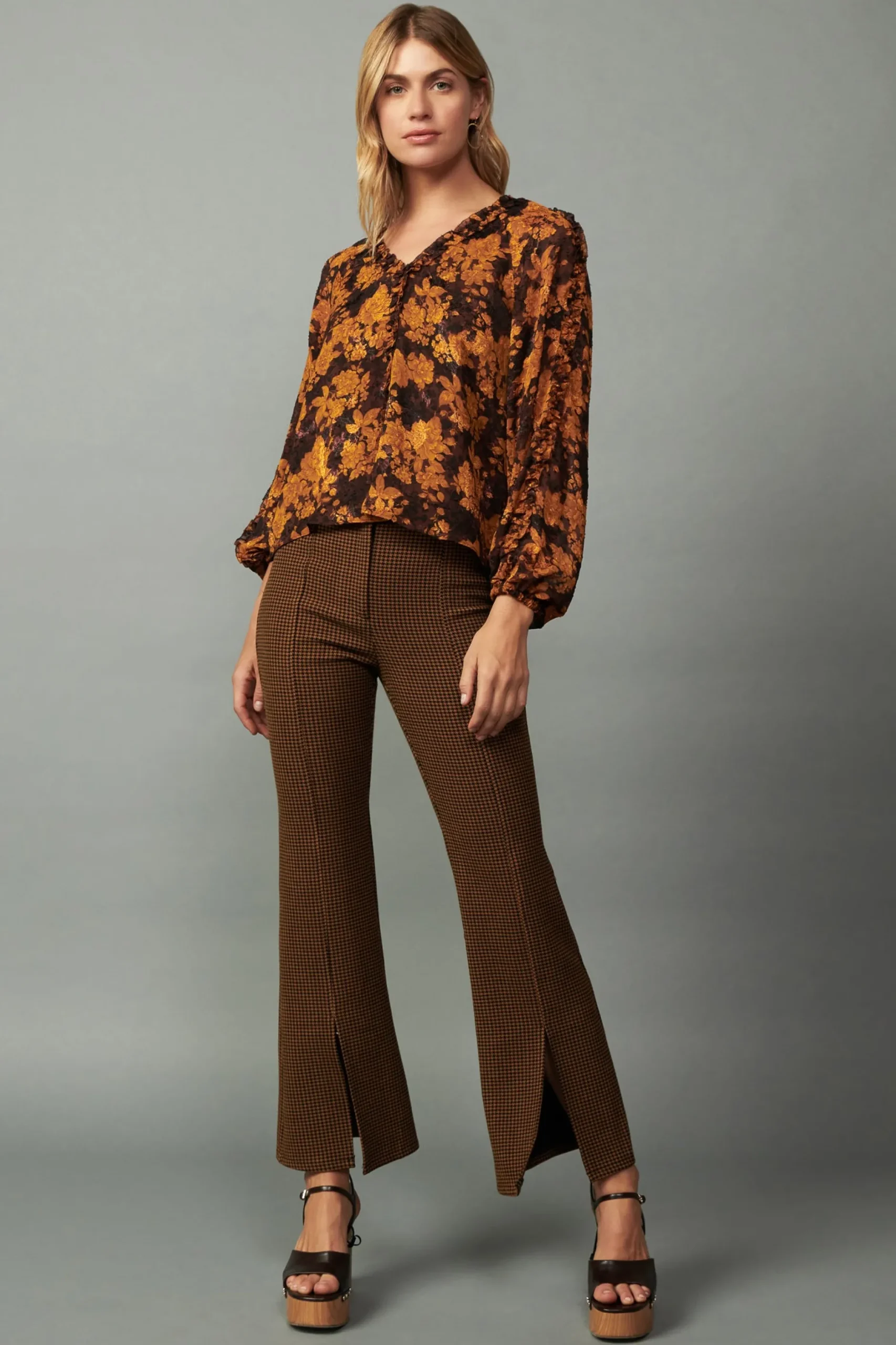 Long Sleeve Tops-Current Air Orange Picot Stitch Blouse BROWNORANGEFLORAL