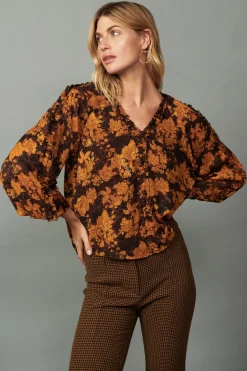 Long Sleeve Tops-Current Air Orange Picot Stitch Blouse BROWNORANGEFLORAL