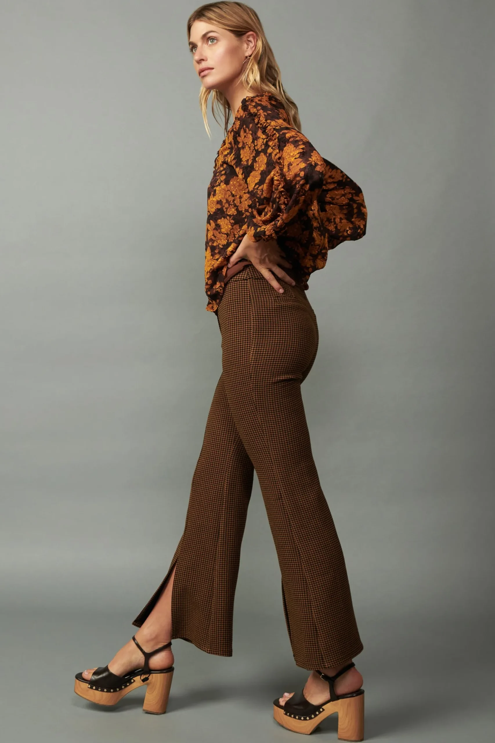 Long Sleeve Tops-Current Air Orange Picot Stitch Blouse BROWNORANGEFLORAL