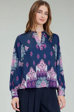 Long Sleeve Tops-Current Air Ornate Border Print Blouse MLT