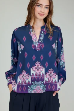 Long Sleeve Tops-Current Air Ornate Border Print Blouse MLT