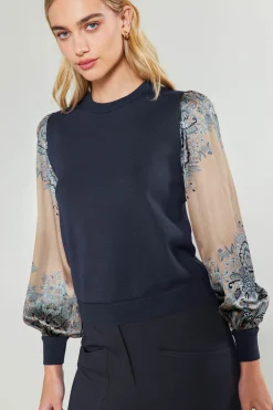 Knitwear|Sweaters-Current Air Ornate Motif Sweater Top TAUPEBLUEMLT