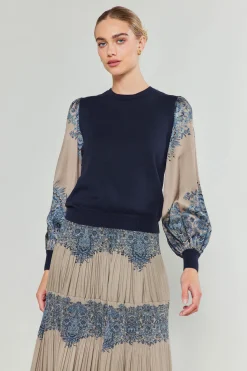 Knitwear|Sweaters-Current Air Ornate Motif Sweater Top TAUPEBLUEMLT