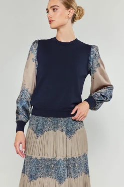 Knitwear|Sweaters-Current Air Ornate Motif Sweater Top TAUPEBLUEMLT