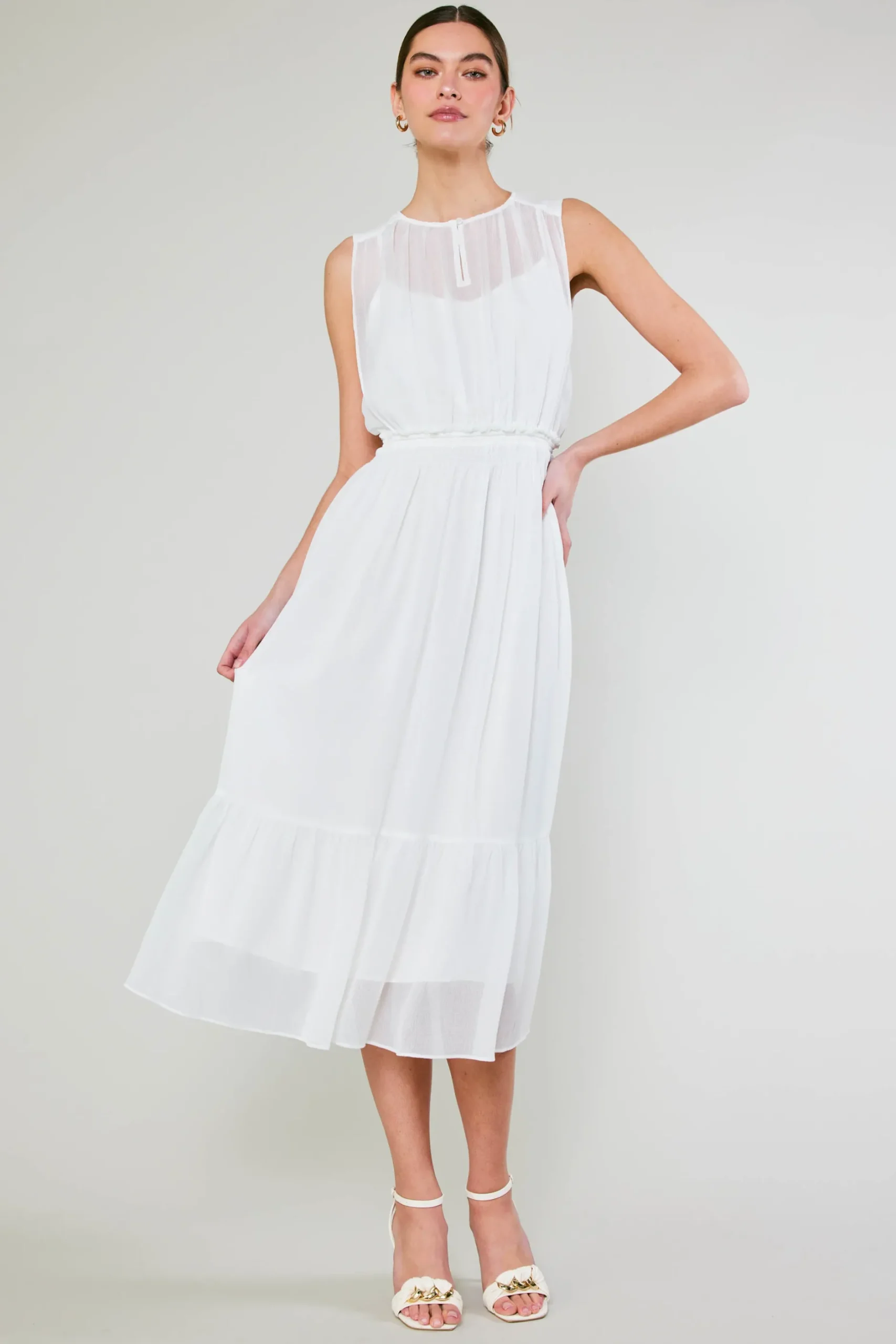 Midi Dresses-Current Air Overlayed Midi Dress WHITE