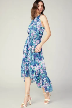 Maxi Dresses|Midi Dresses-Current Air Painterly Floral Asymmetric Dress PINKBLUEMLT