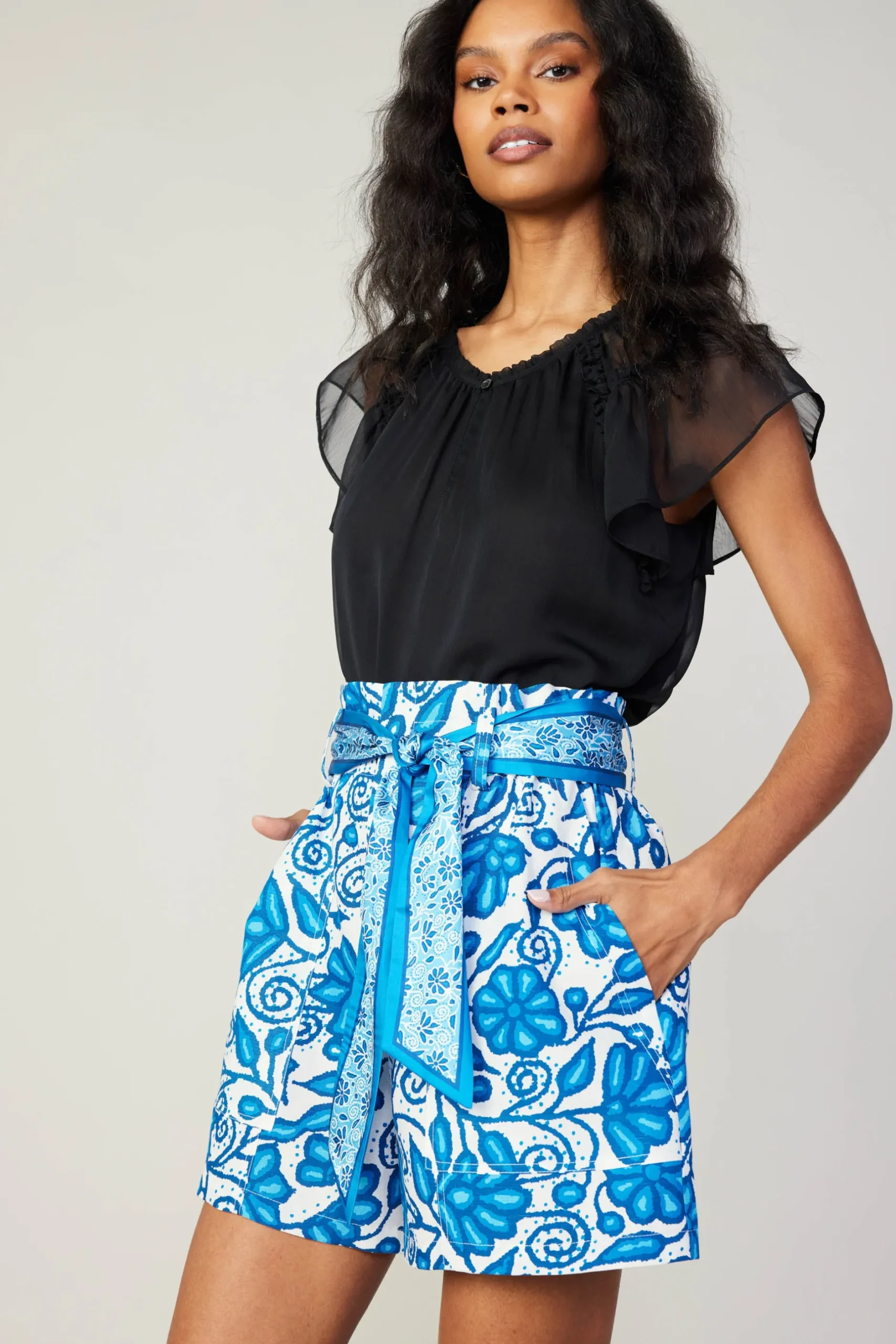 Shorts-Current Air Painterly Floral Belted Shorts BLUEMLT