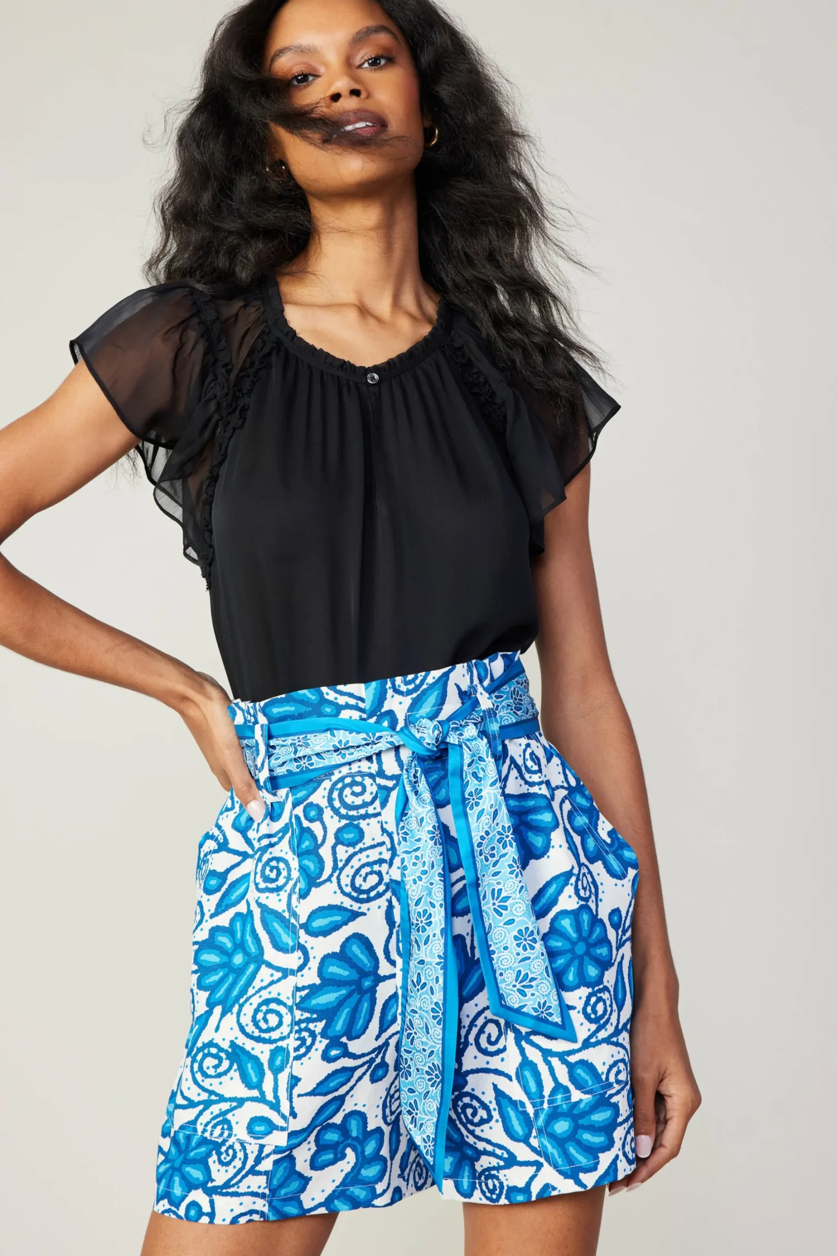 Shorts-Current Air Painterly Floral Belted Shorts BLUEMLT