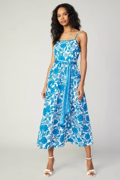 Midi Dresses-Current Air Painterly Floral Midi Dress BLUEMLT