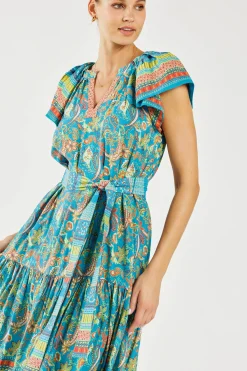 Midi Dresses-Current Air Paisley Border Print Midi Dress BLUEORANGE