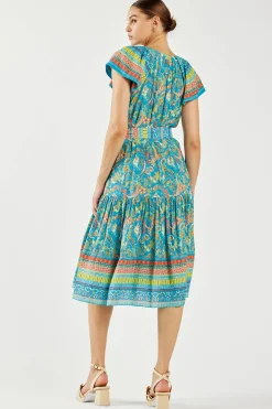 Midi Dresses-Current Air Paisley Border Print Midi Dress BLUEORANGE