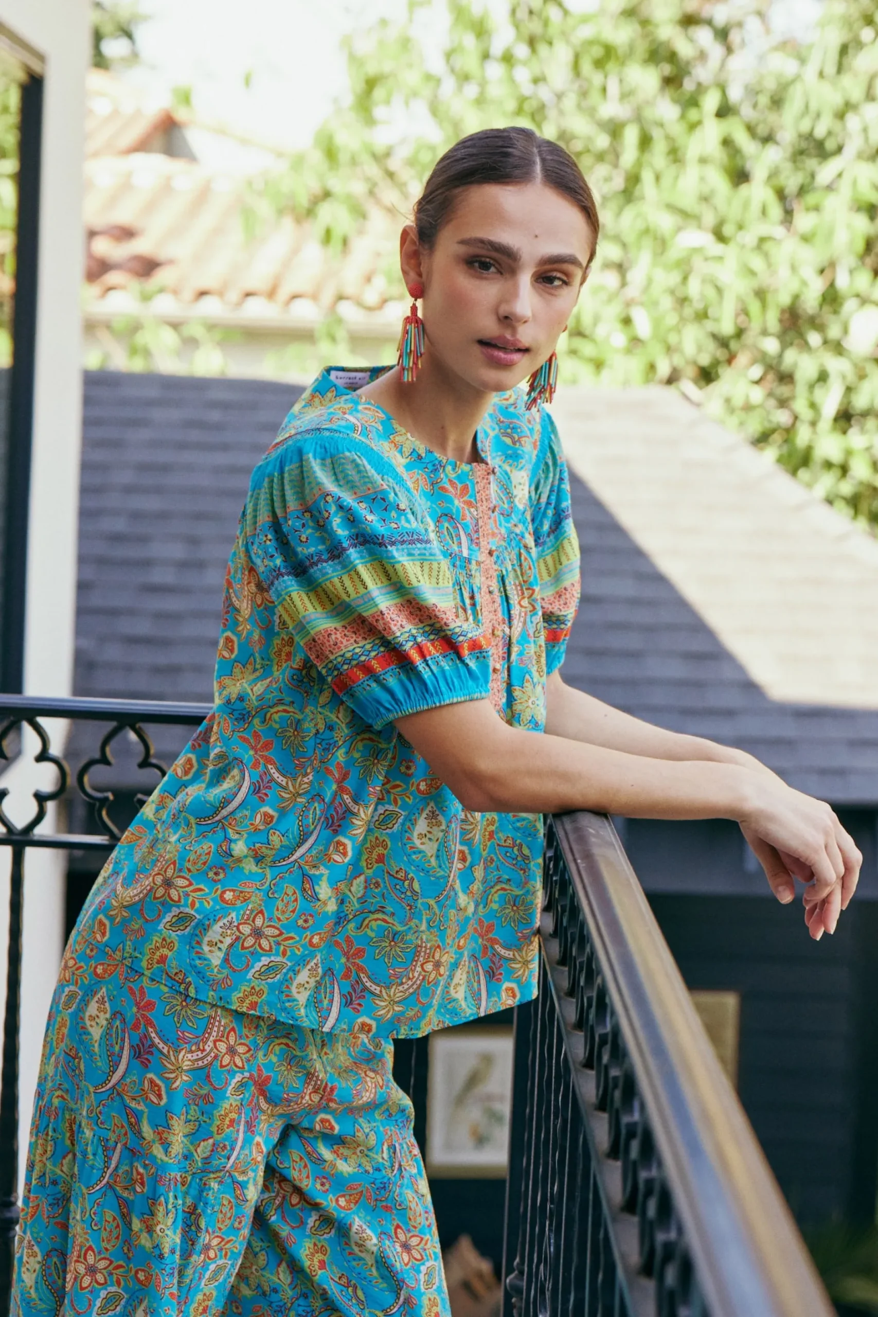 Short Sleeve Tops-Current Air Paisley Border Print Top BLUEORANGE