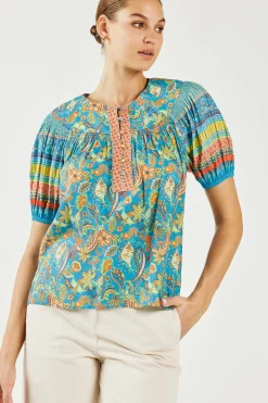 Short Sleeve Tops-Current Air Paisley Border Print Top BLUEORANGE