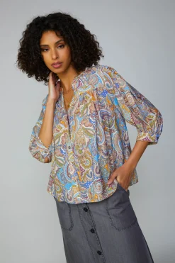 Long Sleeve Tops-Current Air Paisley Motif Button Blouse MLT