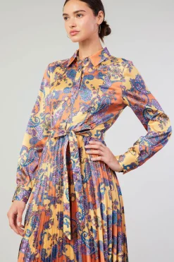 Maxi Dresses-Current Air Paisley Pleated Maxi Dress ORANGEPAISLEY