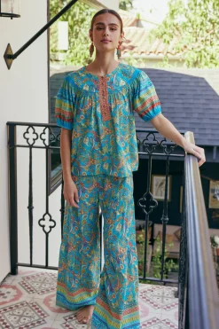 Pants-Current Air Paisley Printed Wide Leg Pants BLUEORANGE