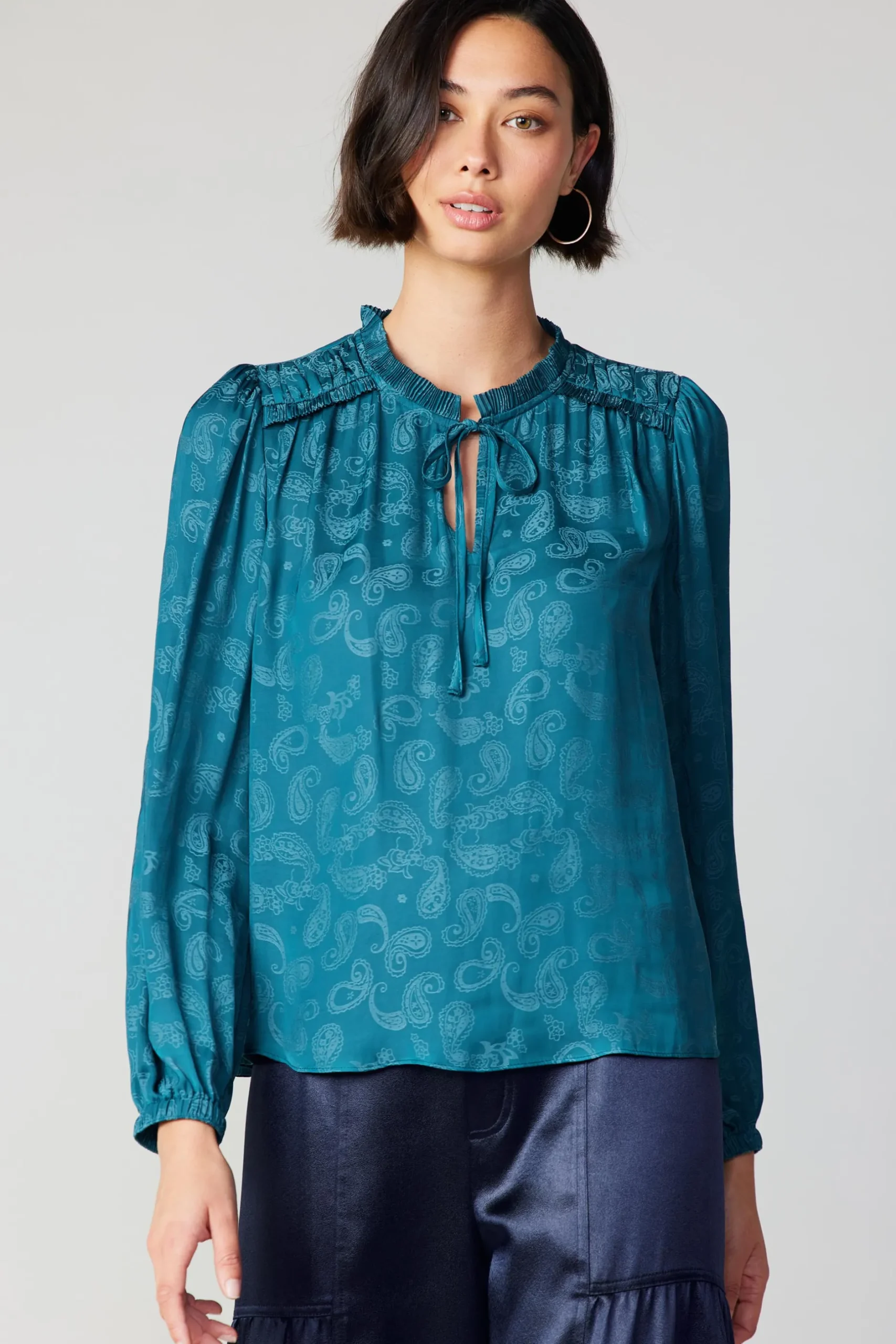 Long Sleeve Tops-Current Air Paisley Split Neck Blouse DEEPTEAL
