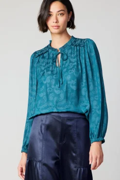 Long Sleeve Tops-Current Air Paisley Split Neck Blouse DEEPTEAL