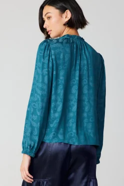 Long Sleeve Tops-Current Air Paisley Split Neck Blouse DEEPTEAL