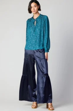 Long Sleeve Tops-Current Air Paisley Split Neck Blouse DEEPTEAL