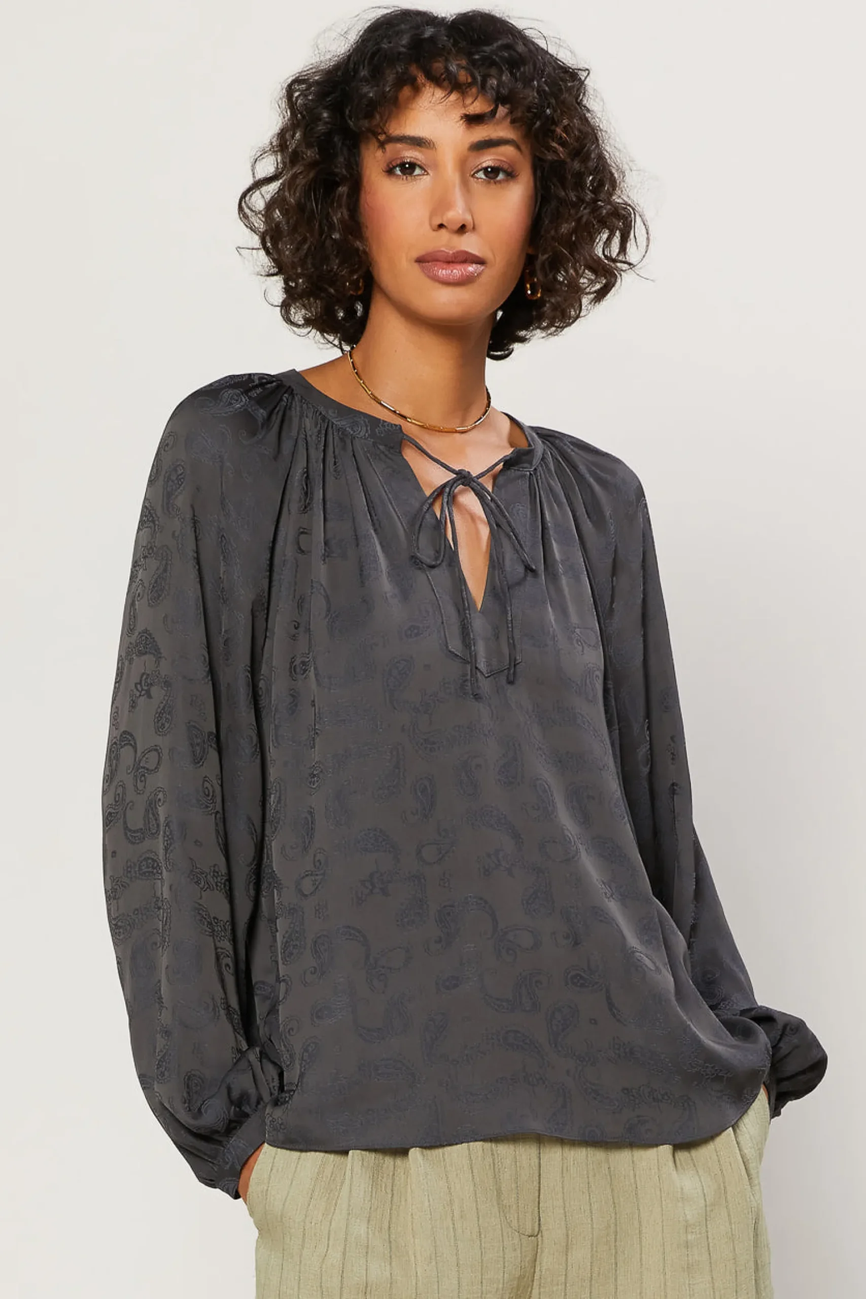 Long Sleeve Tops-Current Air Paisley Split Neck Top CHARCOAL