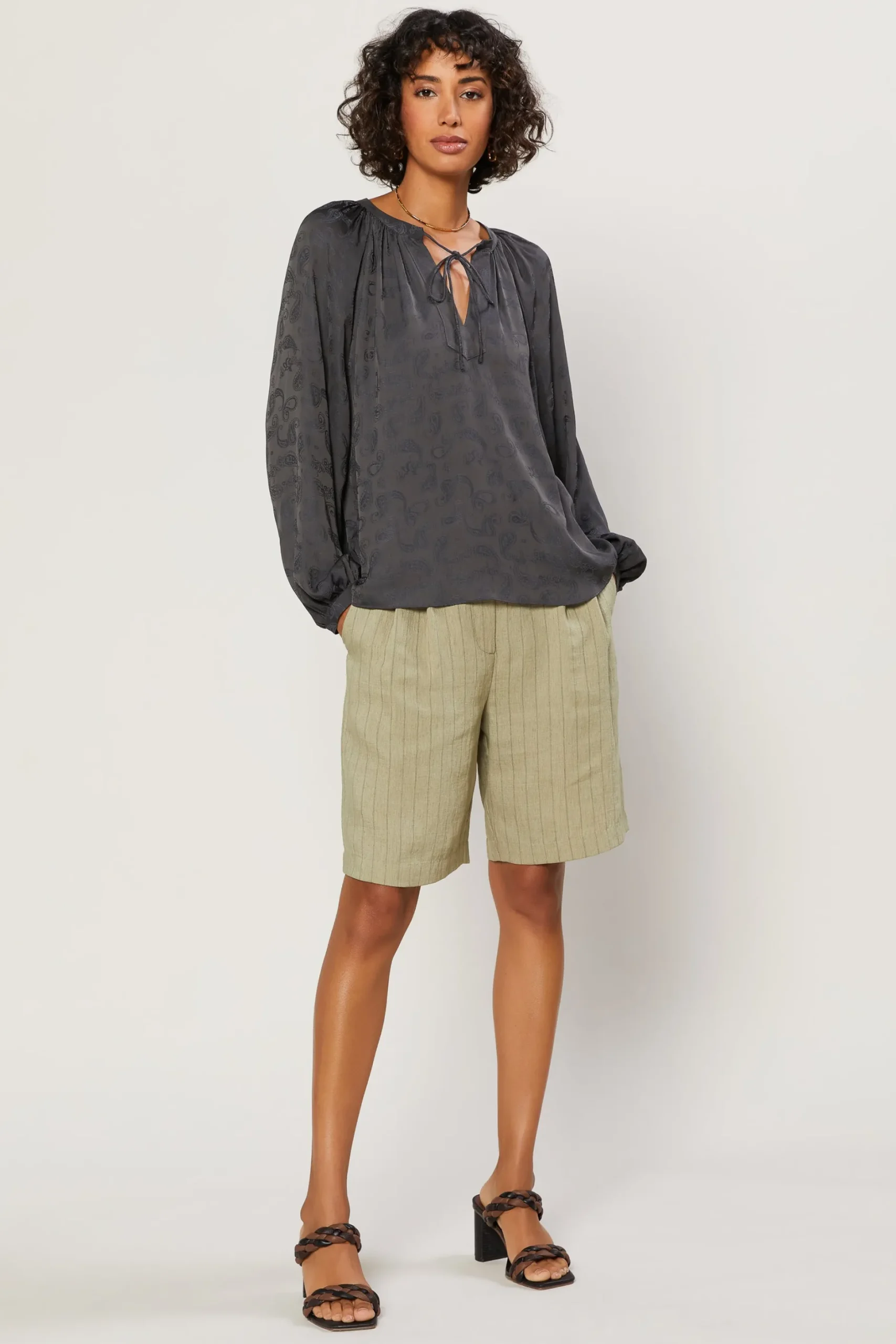 Long Sleeve Tops-Current Air Paisley Split Neck Top CHARCOAL