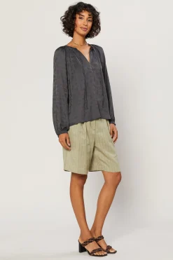 Long Sleeve Tops-Current Air Paisley Split Neck Top CHARCOAL