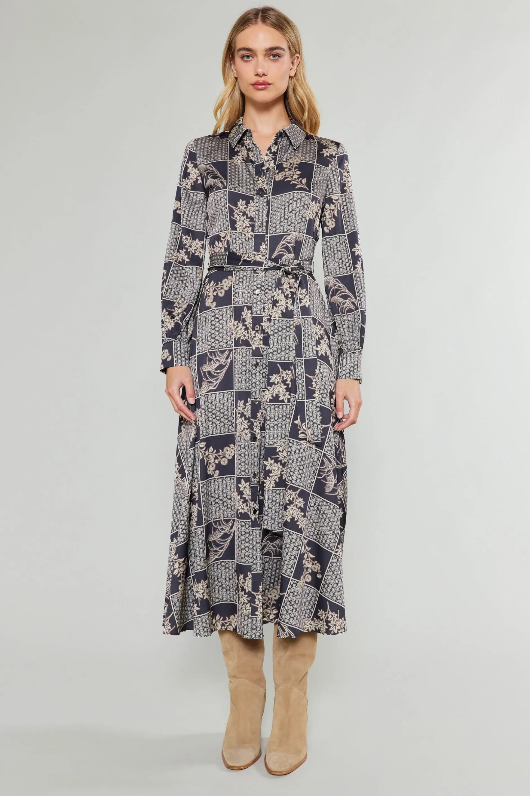 Midi Dresses-Current Air Paneled Buttonup Dress BLACKTAUPEMLT