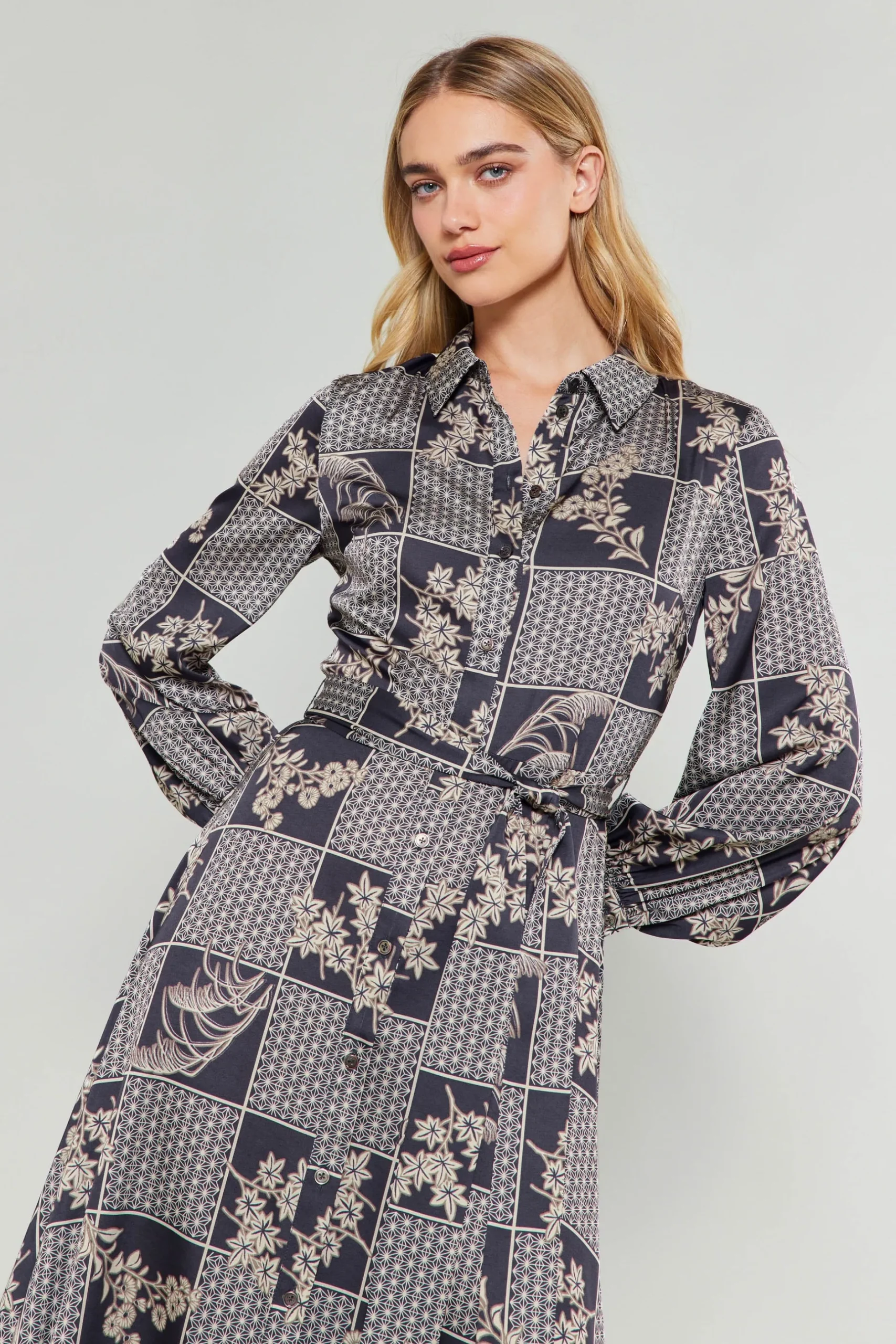 Midi Dresses-Current Air Paneled Buttonup Dress BLACKTAUPEMLT