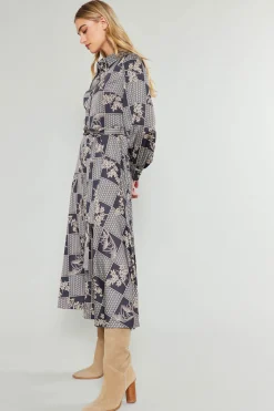 Midi Dresses-Current Air Paneled Buttonup Dress BLACKTAUPEMLT