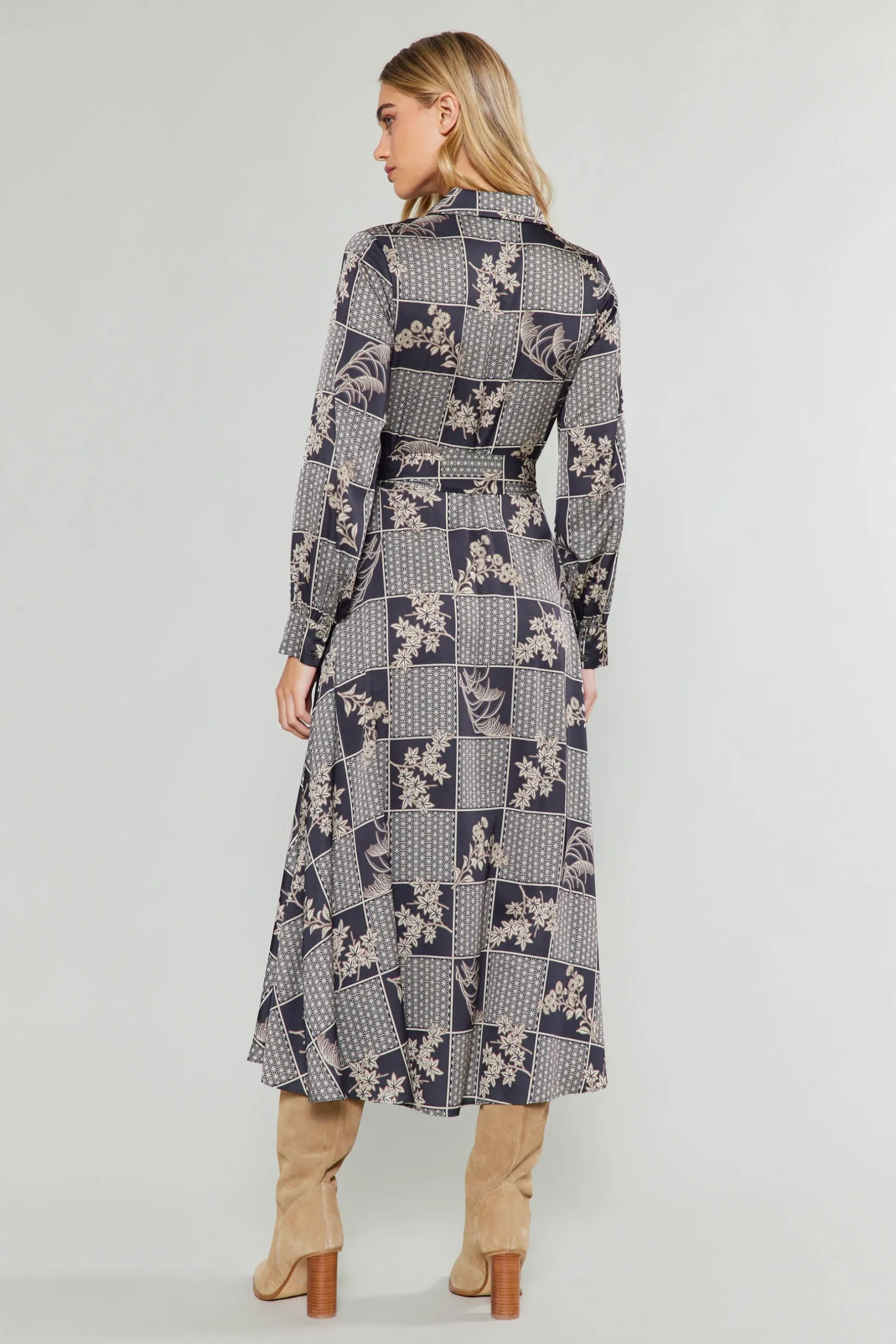 Midi Dresses-Current Air Paneled Buttonup Dress BLACKTAUPEMLT