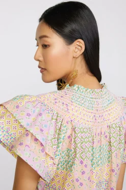 Short Sleeve Tops-Current Air Patchwork Flutter Sleeve Top MULTI