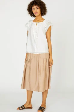 Sleeveless Tops|Short Sleeve Tops-Current Air Peekaboo Flutter Sleeve Top WHITE