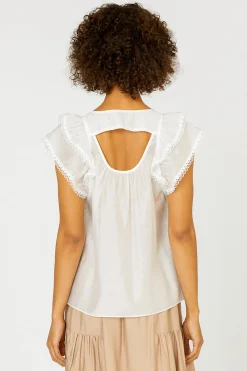 Sleeveless Tops|Short Sleeve Tops-Current Air Peekaboo Flutter Sleeve Top WHITE