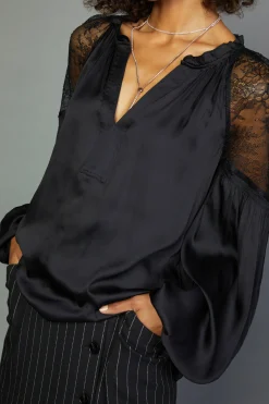 Long Sleeve Tops-Current Air Peekaboo Lace Blouse BLACK