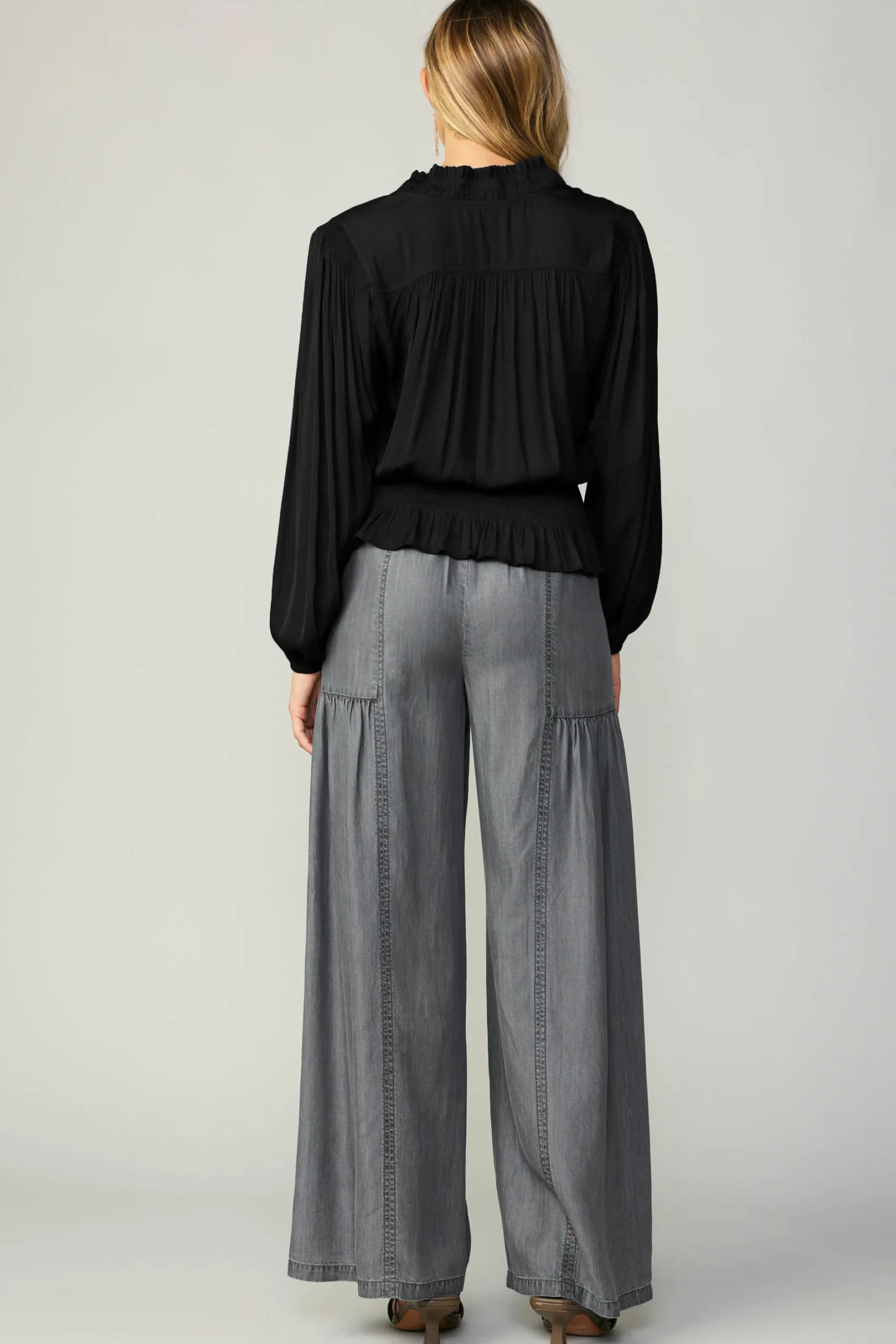 Long Sleeve Tops-Current Air Peplum Collared Blouse BLACK