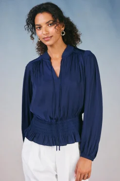 Long Sleeve Tops-Current Air Peplum Collared Blouse NAVY