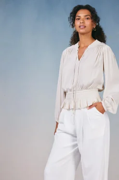 Long Sleeve Tops-Current Air Peplum Collared Blouse ECRU