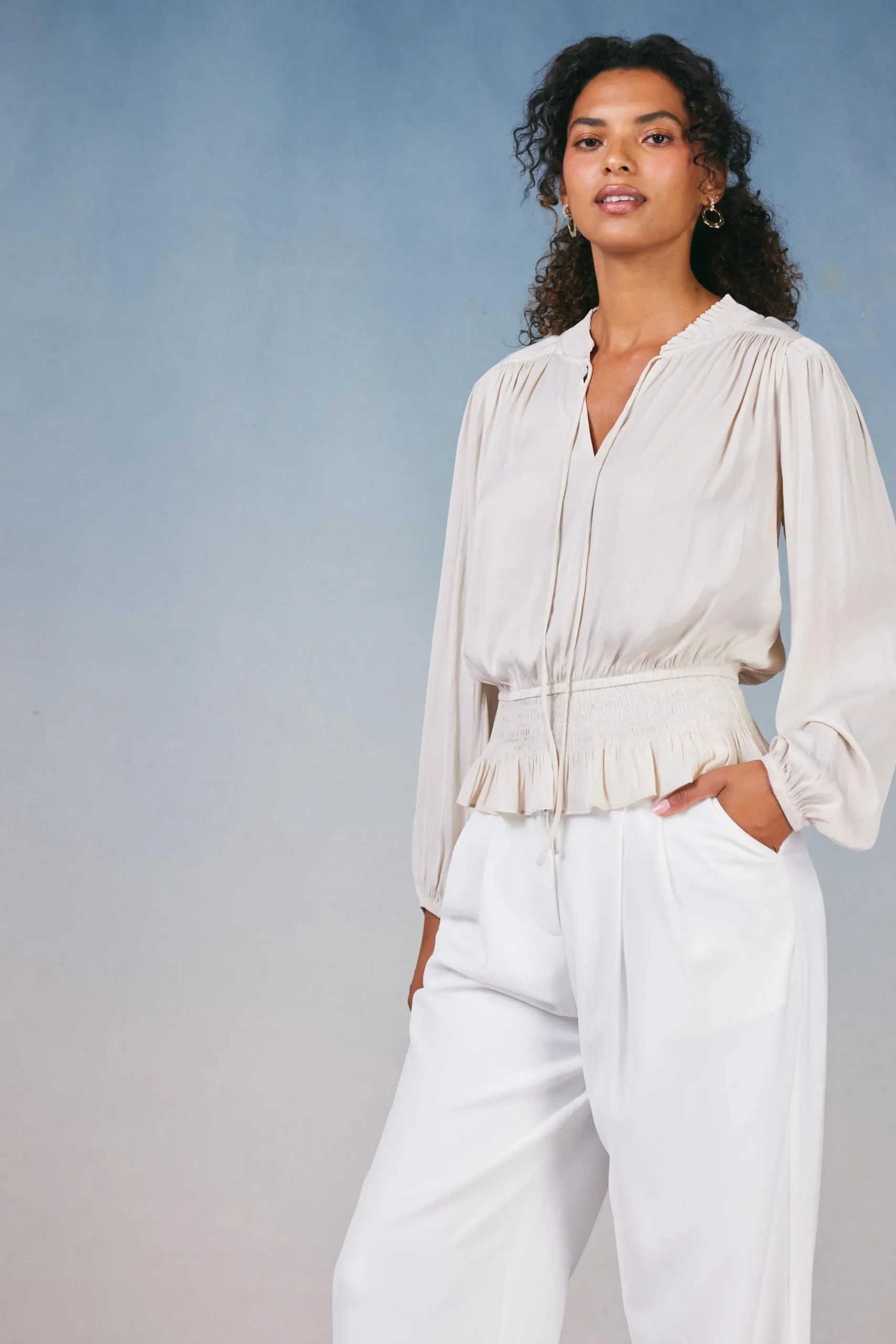 Long Sleeve Tops-Current Air Peplum Collared Blouse ECRU