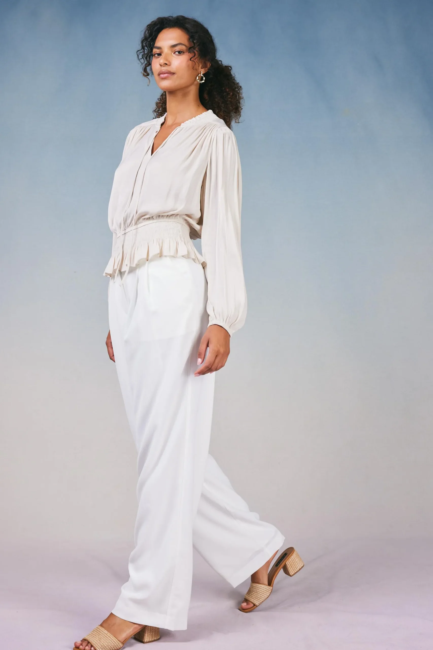 Long Sleeve Tops-Current Air Peplum Collared Blouse ECRU