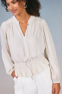 Long Sleeve Tops-Current Air Peplum Collared Blouse ECRU