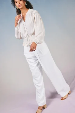 Long Sleeve Tops-Current Air Peplum Collared Blouse ECRU