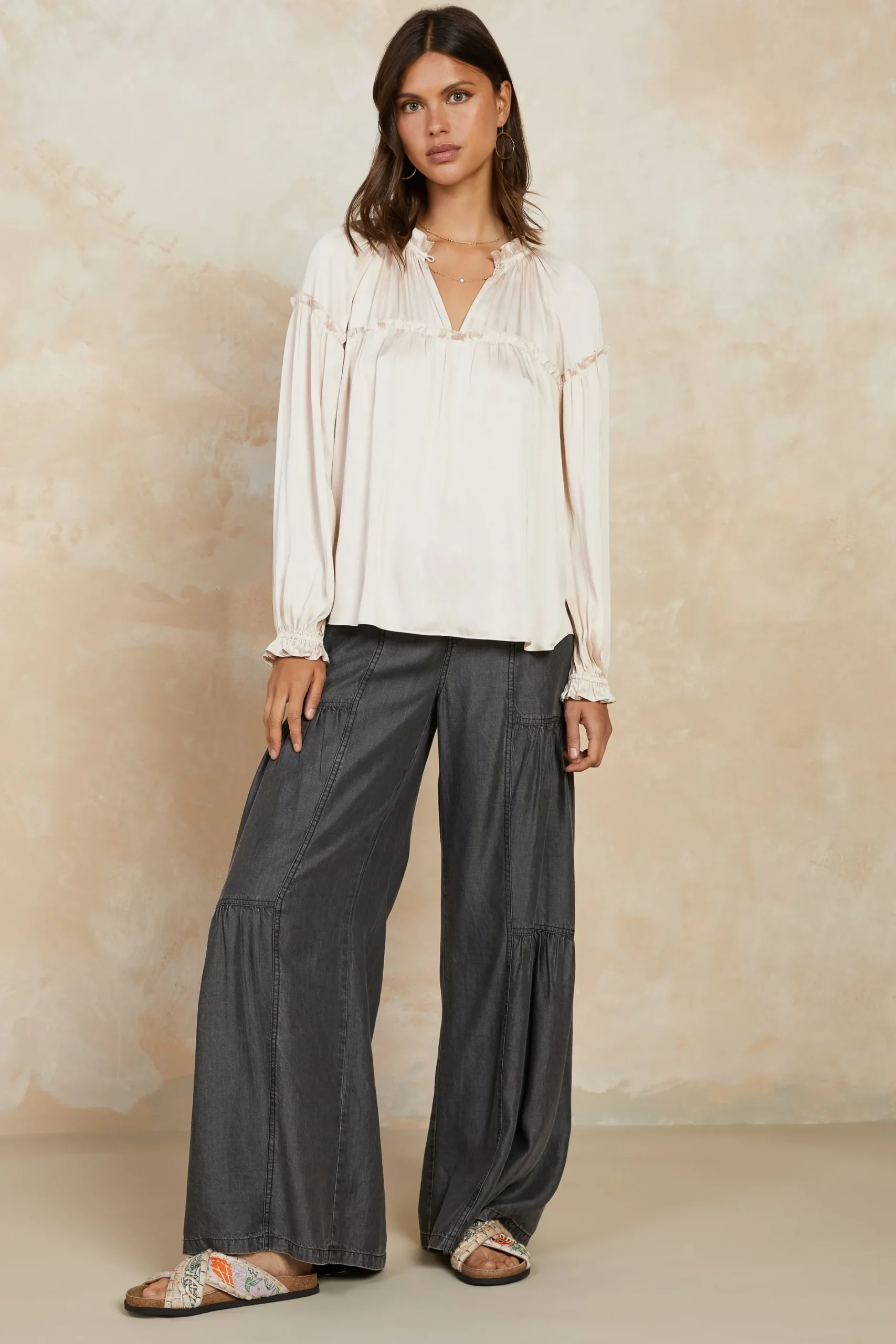 Long Sleeve Tops-Current Air Picot Ruffled Blouse ECRU