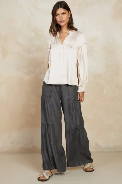 Long Sleeve Tops-Current Air Picot Ruffled Blouse ECRU