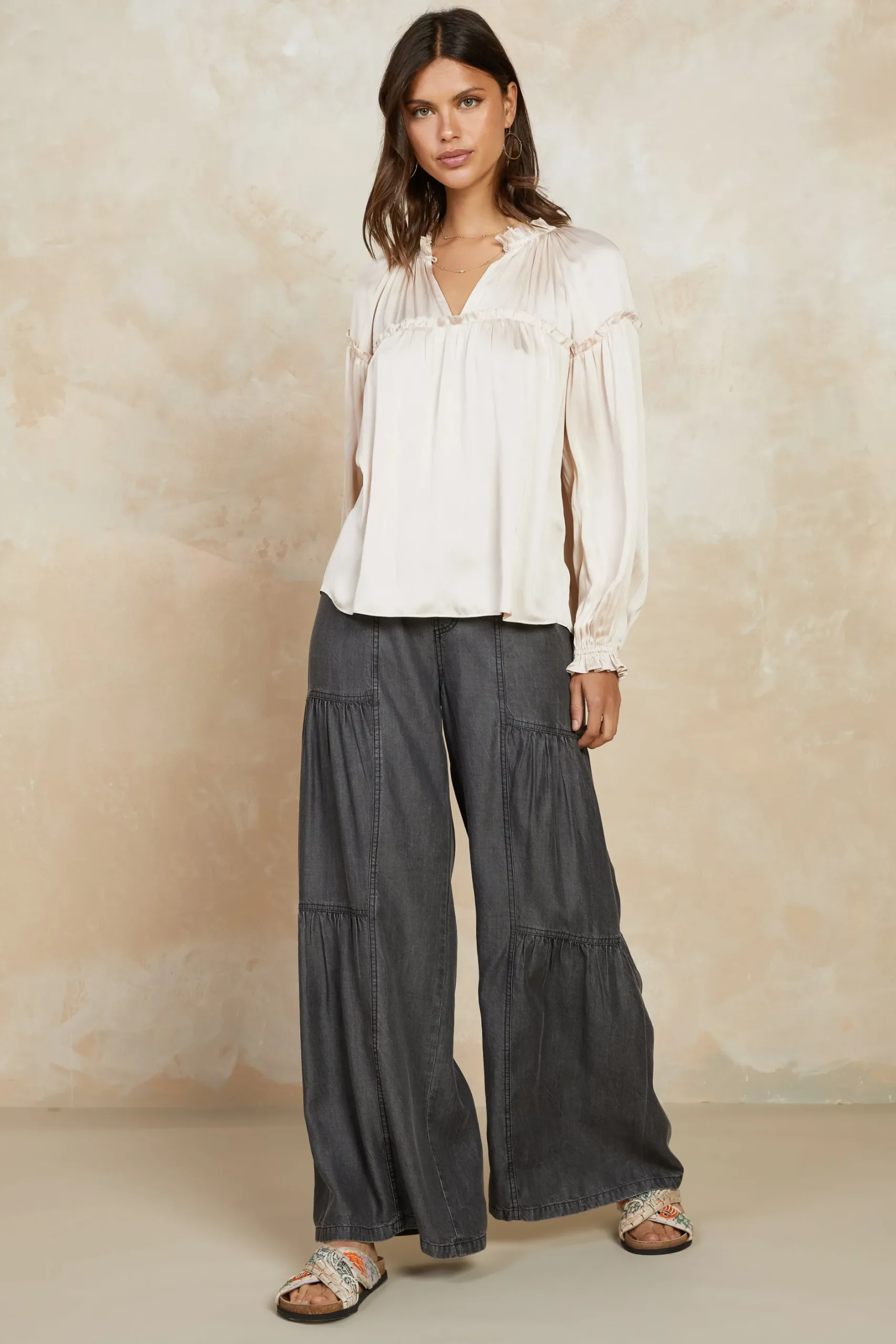 Long Sleeve Tops-Current Air Picot Ruffled Blouse ECRU